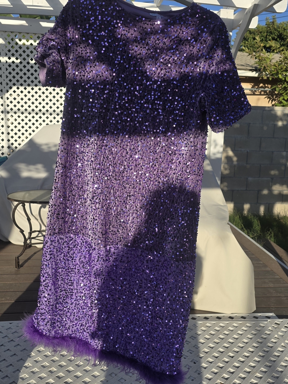 Purple Sequin Short Sleeve Dress with Feather Hem